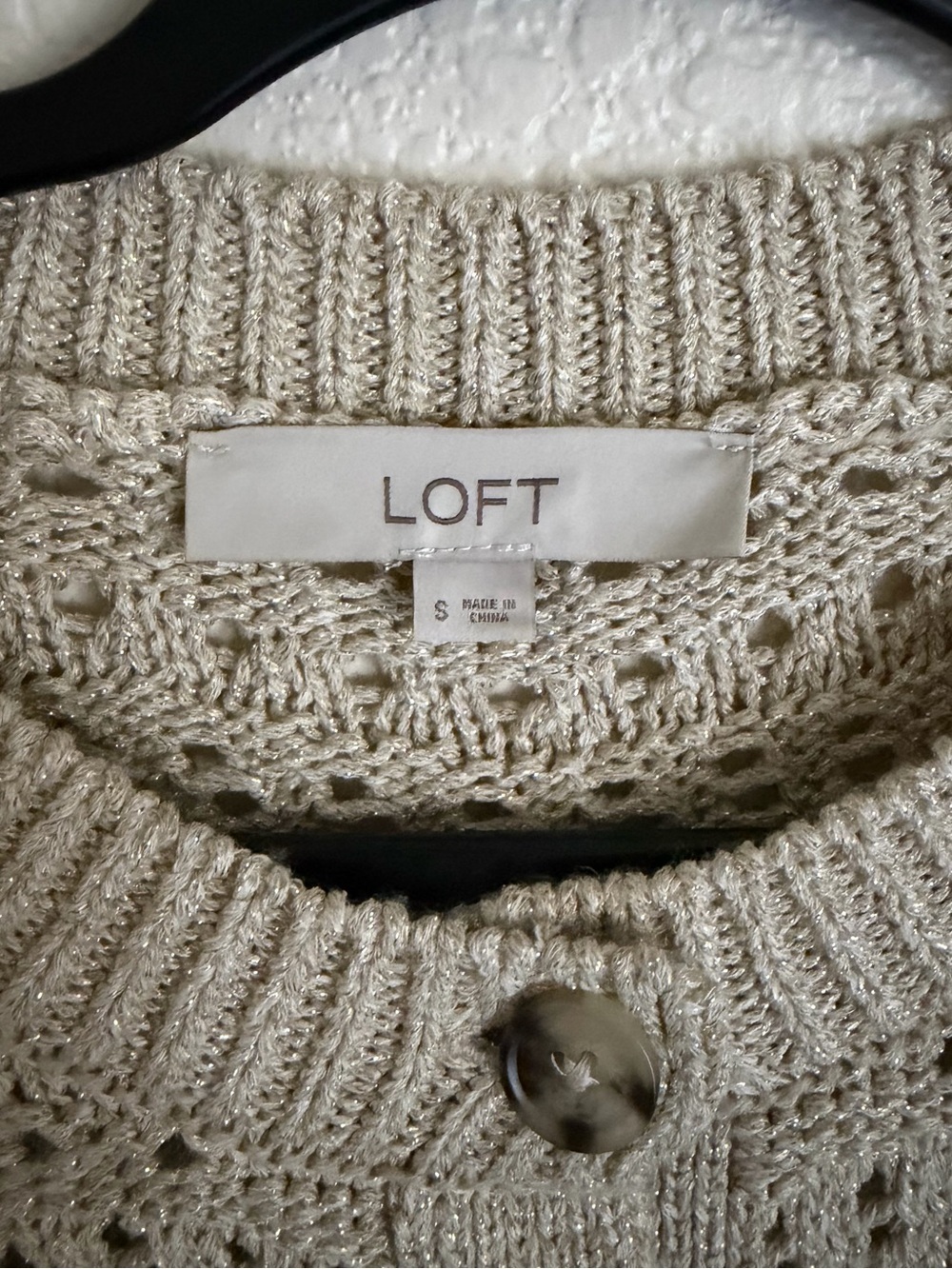 Loft Shimmer Pointelle Crewneck Cardigan S Gold Neutral - Picture 5 of 8